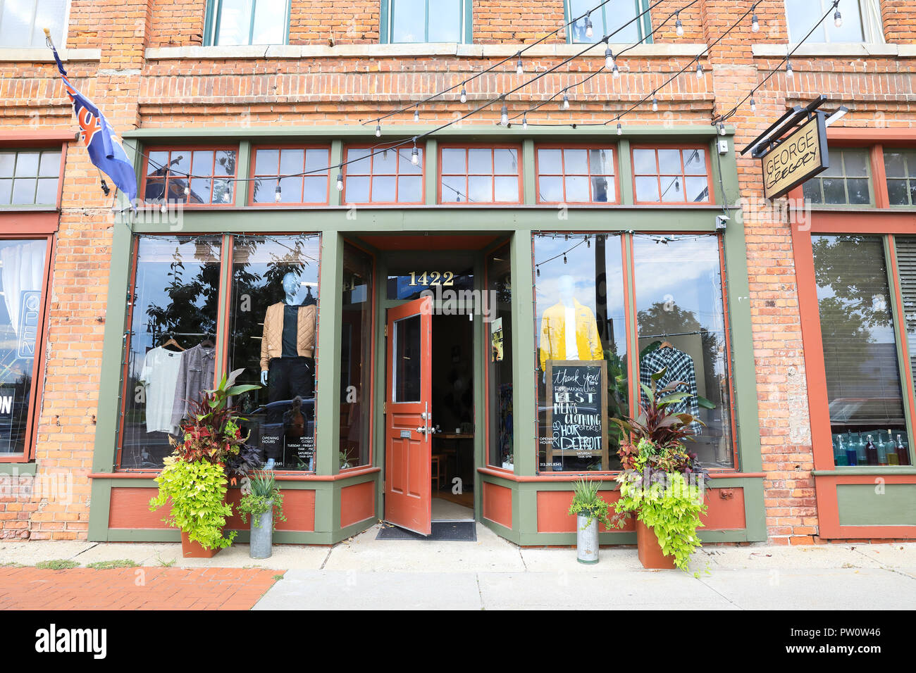 Bars, restaurants and shops on hip Michigan Avenue, in Cortown, Detroit, in the USA Stock Photo