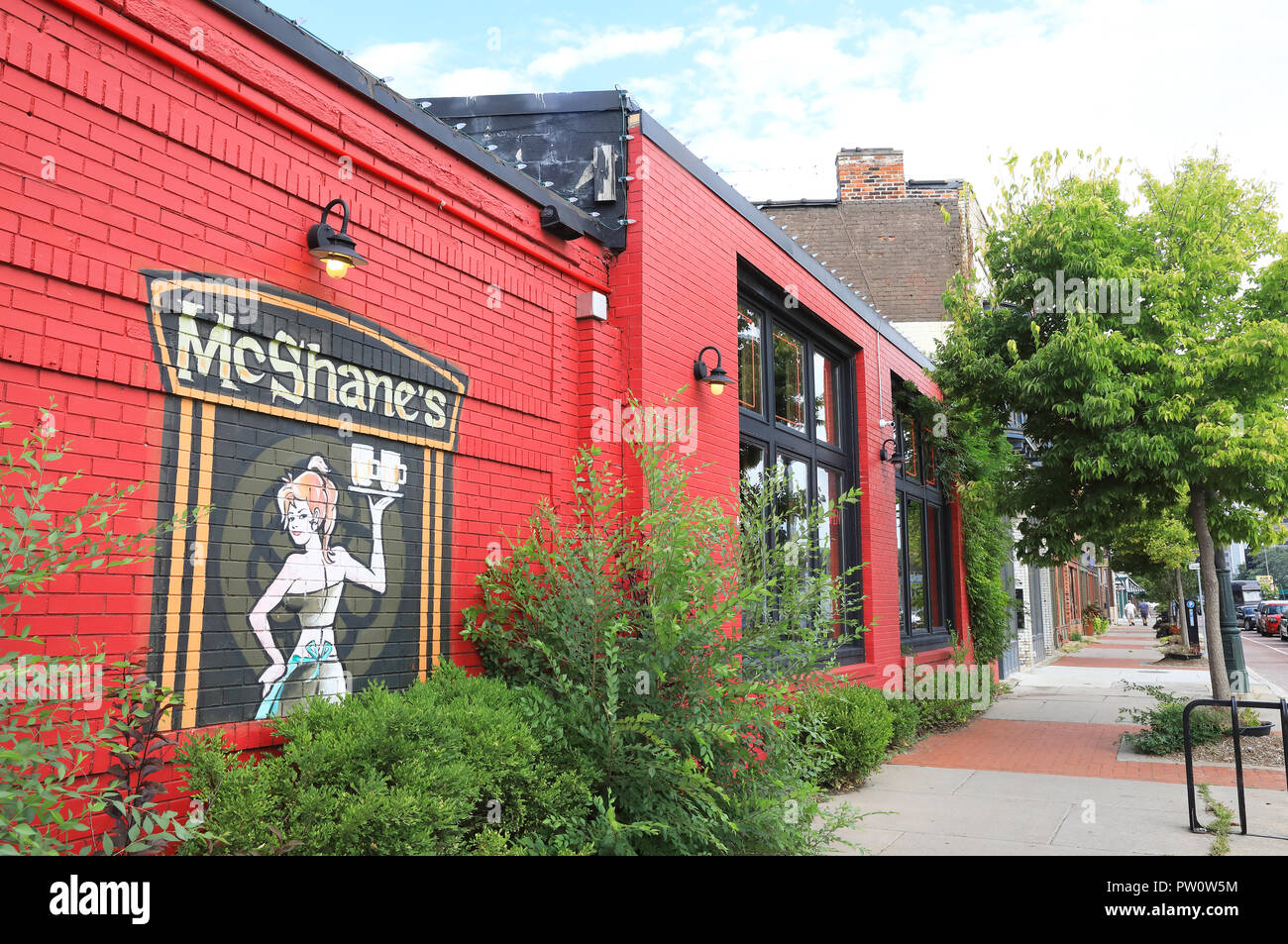 Bars, restaurants and shops on hip Michigan Avenue, in Cortown, Detroit, in the USA Stock Photo