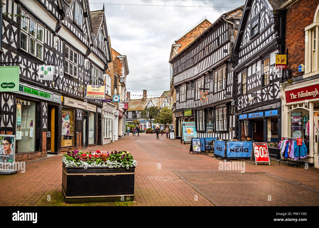 Half timbered Elizabethan buildings in High Street, Nantwich, Cheshire, UK taken on 1 September 2014 Stock Photo