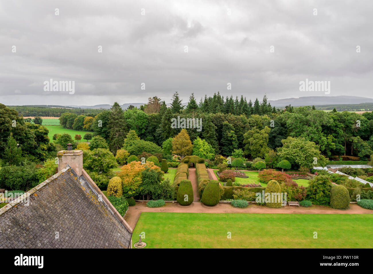 A view to the gardens from one of the windows in Crathes Castle, Aberdeenshire, Scotland Stock Photo