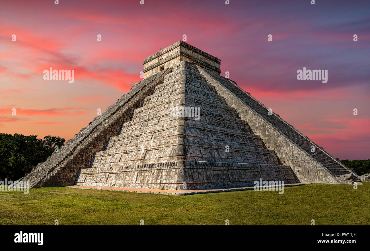 Chichen Itza Beautiful sunset at ancient historical Mayan temple in Yucatan Mexico Stock Photo