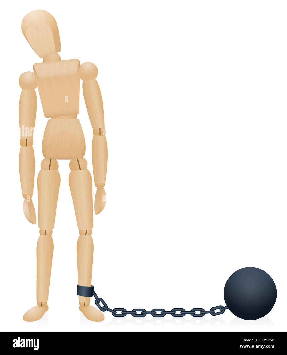 Prison ball and chain. Chained wooden manikin figure - comic illustration on white background. Stock Photo