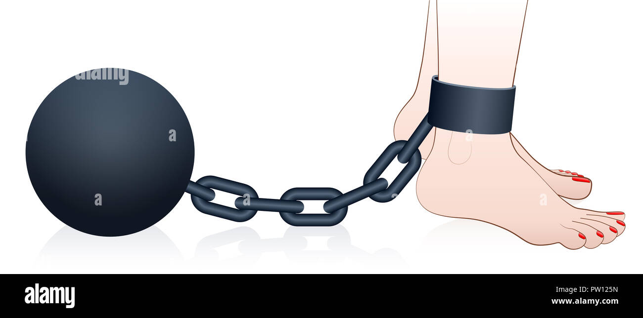 Prison ball and chain. Chained female foot - comic illustration on white background. Stock Photo
