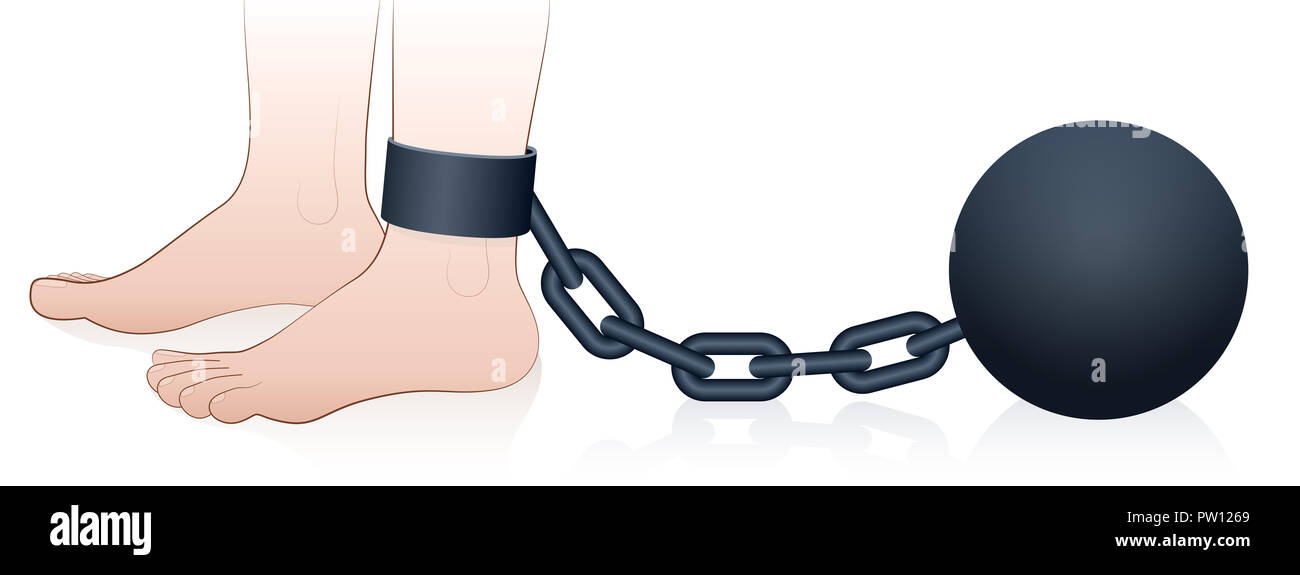 Prison ball and chain. Chained male foot - comic illustration on white background. Stock Photo