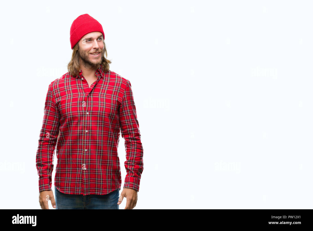 Young Handsome Man With Long Hair Wearing Red Cap Over Isolated