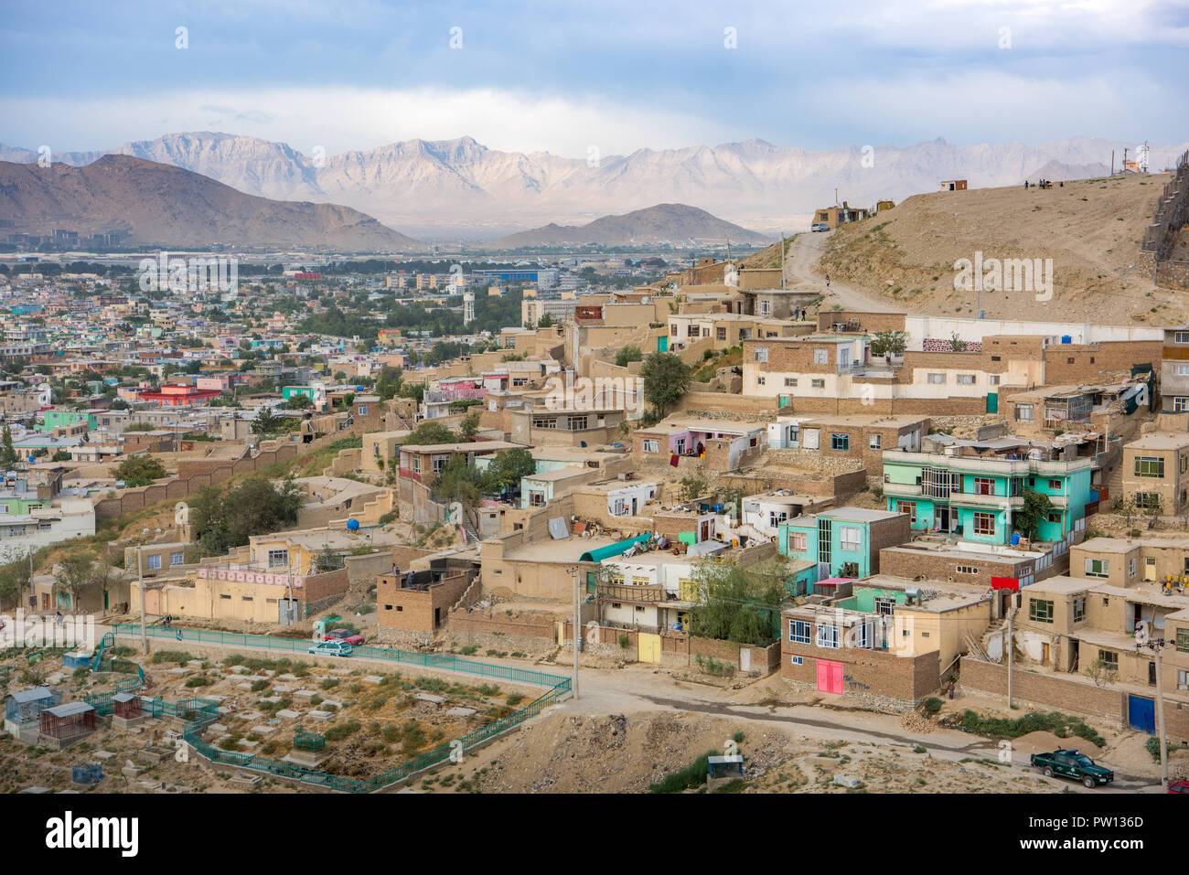 Kabul Afghanistan city scape skyline, capital Kabul hills and mountains with houses and buildings Stock Photo