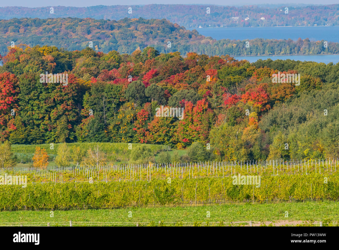 West Arm of Grand Traverse Bay from high of Old Mission Peninsula in the fall. Stock Photo
