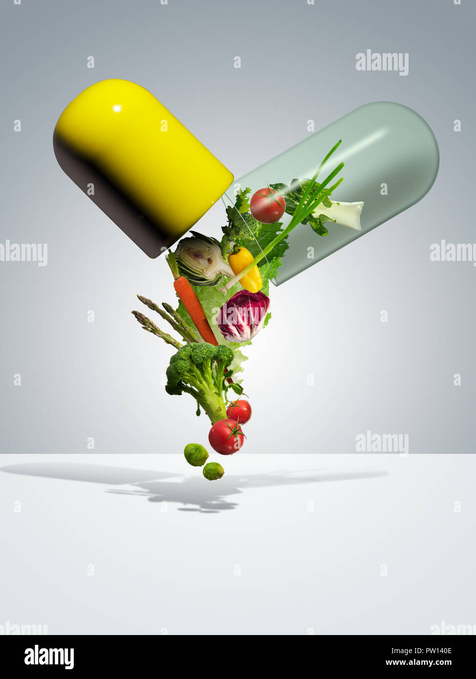 Concept A Yellow Pill Filled with Falling Vegetables, Healthy Eating, Nutritional, Eat your Vegetable, Prescription Diet, Food Group Stock Photo