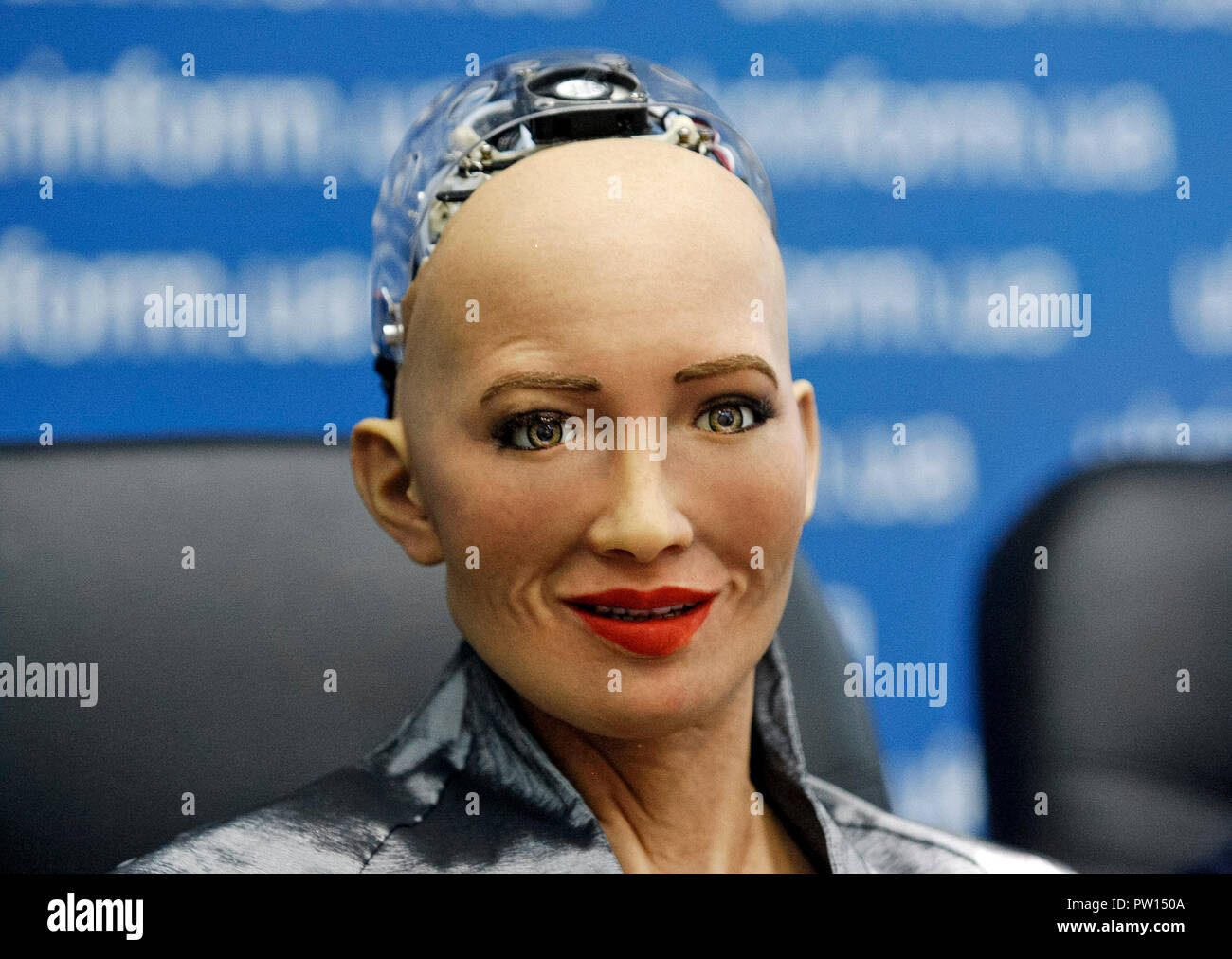 The humanoid robot Sophia speaks at a press conference in Kiev. The robot  Sophia arrived to Ukraine to take part in the final of the all-Ukrainian  competition of developers of robotics and