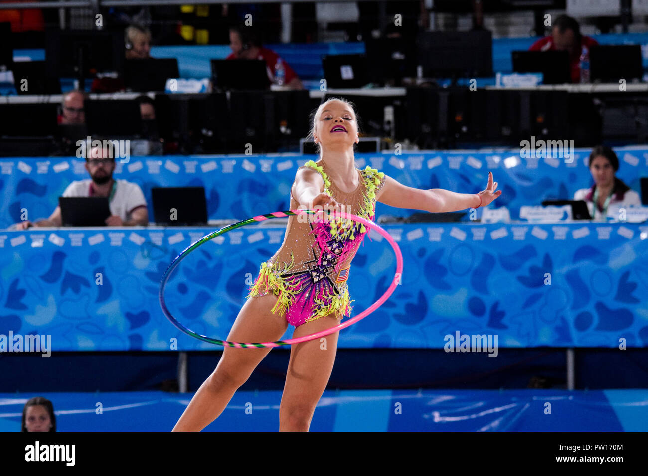 Buenos Aires, Buenos Aires, Argentina. 9th Oct, 2018. Kapitonova Elizabeth seen in action during the game where she finished in the 13th position in the rhythmic gymnastics competition. Credit: Fernando Oduber/SOPA Images/ZUMA Wire/Alamy Live News Stock Photo