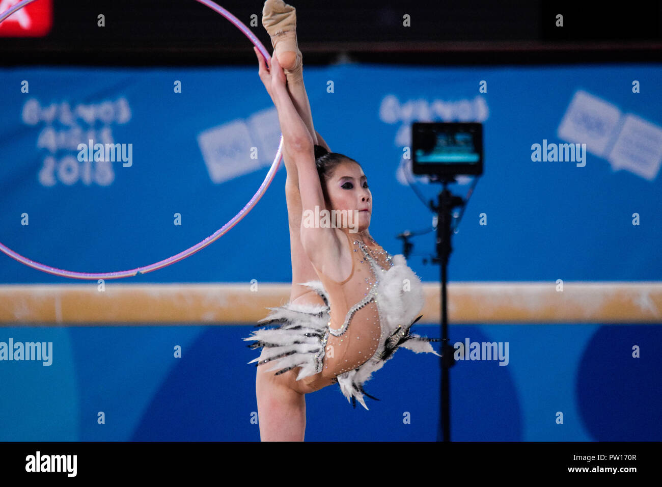 Buenos Aires, Buenos Aires, Argentina. 9th Oct, 2018. Kim Mu Ye of North Korea seen in action during the game where she finished in the 15th position in the rhythmic gymnastics competitions. Credit: Fernando Oduber/SOPA Images/ZUMA Wire/Alamy Live News Stock Photo