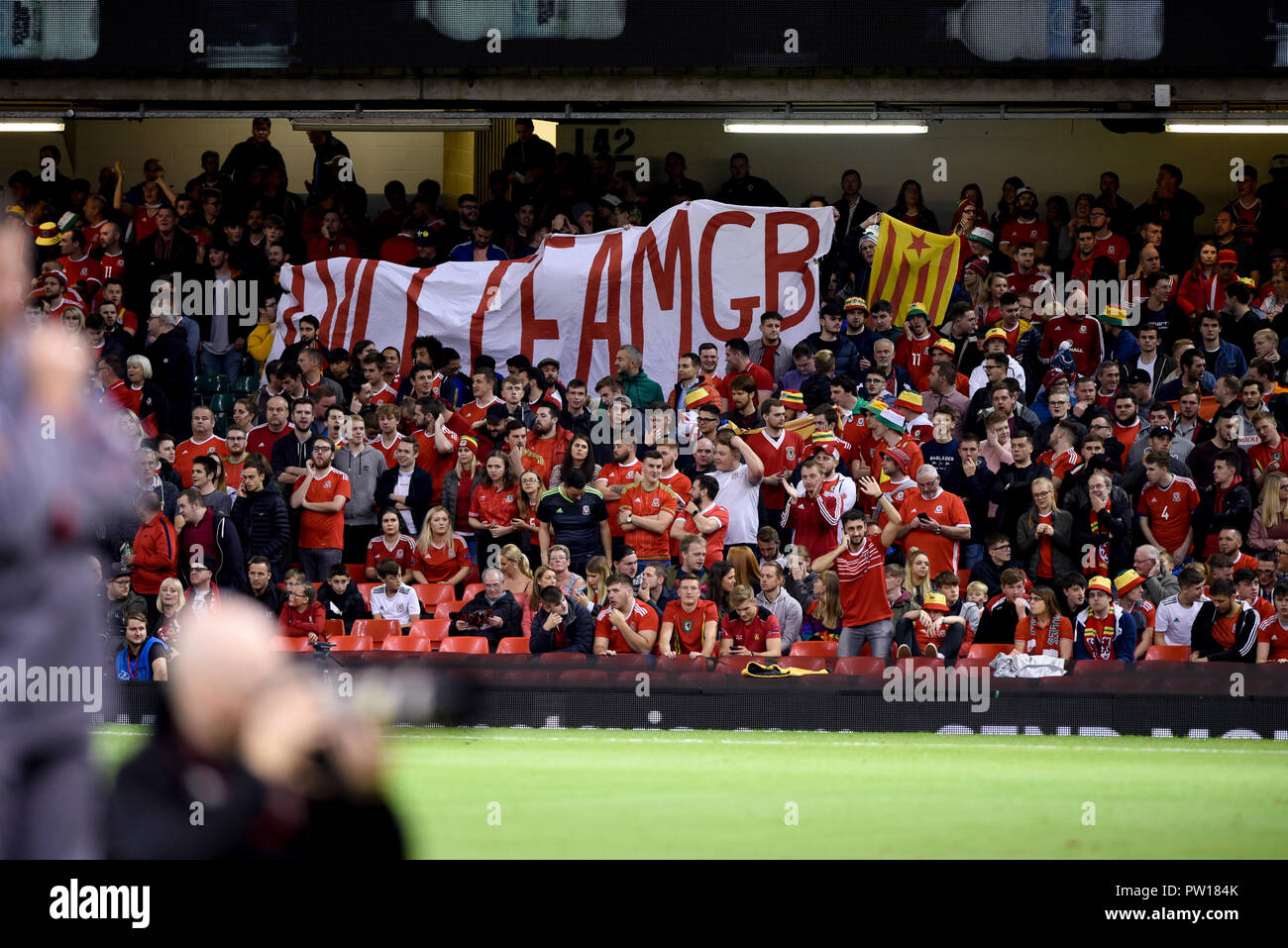 Cardiff, UK. 11th Oct 2018. Wales v Spain, International Football Friendly, National Stadium of Wales, 11/10/18: Wales fans protest against a Team GB for football Credit: Andrew Dowling/Influential Photography/Alamy Live News Stock Photo