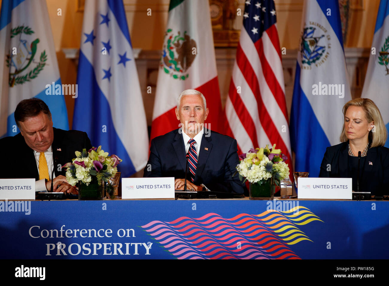 Washington, USA. 11th Oct, 2018. U.S. Vice President Mike Pence (C) speaks during the Conference on Prosperity and Security in Central America at the U.S. Department of State in Washington, DC, the United States, on Oct. 11, 2018. Credit: Ting Shen/Xinhua/Alamy Live News Stock Photo
