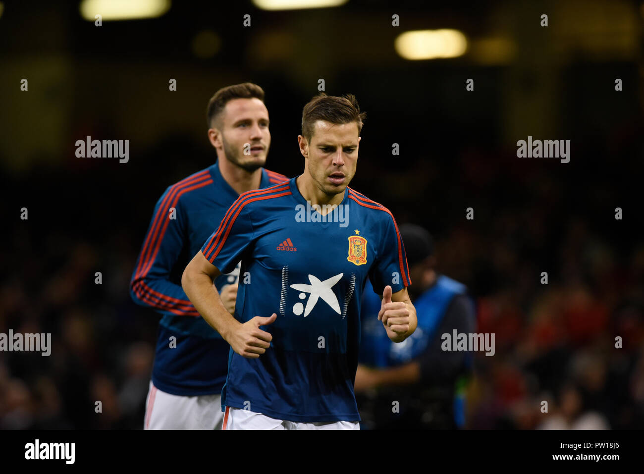 Cardiff, UK. 11th Oct 2018. Wales v Spain, International Football Friendly, National Stadium of Wales, 11/10/18: Spain's players warm up ahead of game against Wales Credit: Andrew Dowling/Influential Photography/Alamy Live News Stock Photo