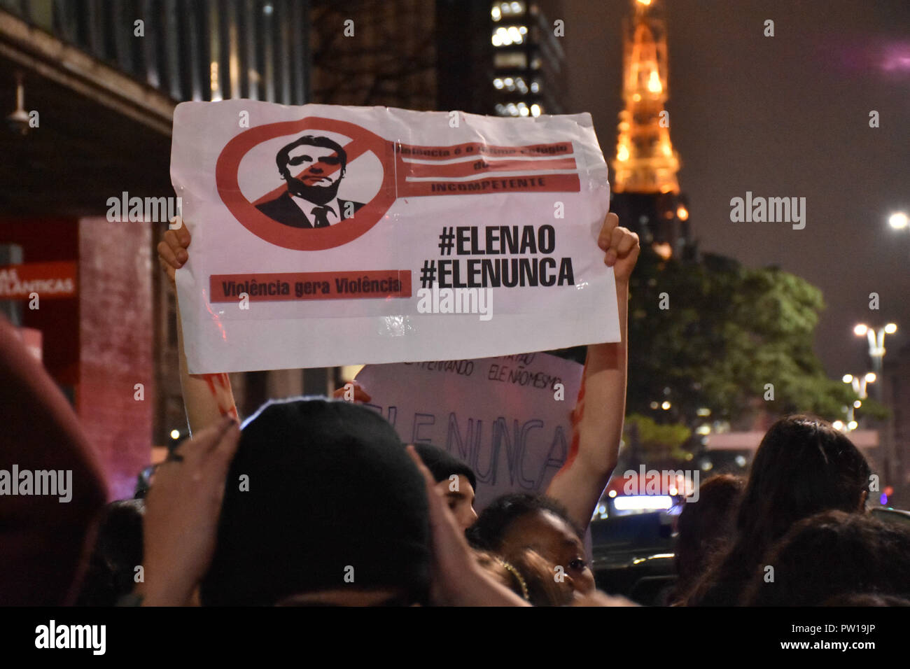 SÃO PAULO, SP - 11.10.2018: MANIFESTAÇÃO CONTRA O FASCISMO EM SP - It happened this Thursday, (11) in São Paulo, a demonstration against fascism. During the protest protesters sang, and held banners and posters against the candidate for President of the Republic Jair Bolsonaro. (Photo: Roberto Casimiro/Fotoarena) Stock Photo