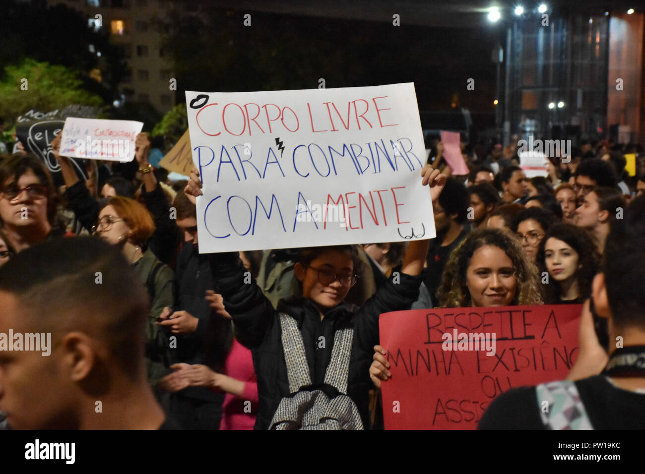 SÃO PAULO, SP - 11.10.2018: MANIFESTAÇÃO CONTRA O FASCISMO EM SP - It happened this Thursday, (11) in São Paulo, a demonstration against fascism. During the protest protesters sang, and held banners and posters against the candidate for President of the Republic Jair Bolsonaro. (Photo: Roberto Casimiro/Fotoarena) Stock Photo