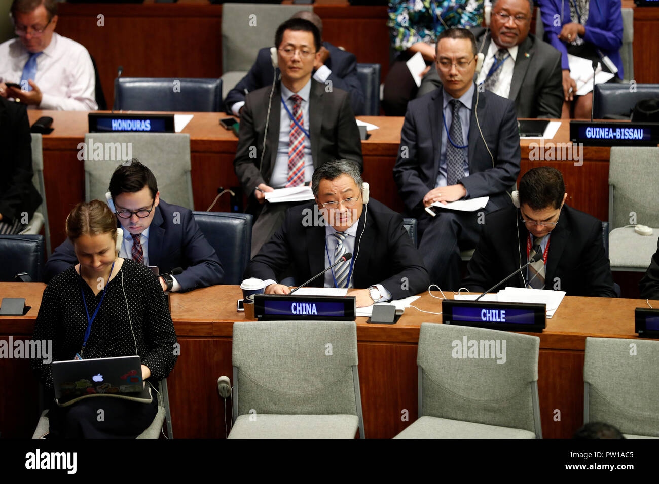 United Nations, Department of Arms Control of the Chinese Foreign Ministry. 11th Oct, 2018. Fu Cong, head of the Department of Arms Control of the Chinese Foreign Ministry, addresses a plenary meeting of the First Committee of the UN General Assembly at the UN headquarters in New York Oct. 11, 2018. Fu Cong on Thursday called for upholding multilateralism and following international rules and norms for universal security. Credit: Li Muzi/Xinhua/Alamy Live News Stock Photo