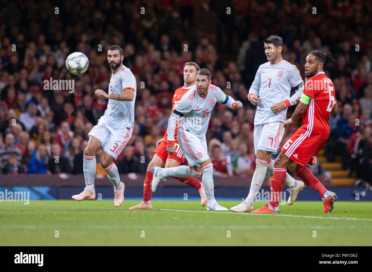 Cardiff - Wales - UK - 11th October 2018 International friendly between Wales and Spain at the National Stadium of Wales : Spain Captain Sergio Ramos scores a goal. Credit: Phil Rees/Alamy Live News Stock Photo