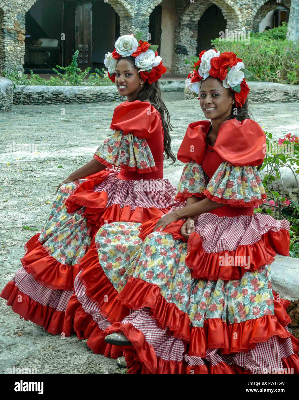 January 14, 2009 - La Romana, Dominican Republic - A pair of female dancers  in costume in Altos de ChavÃ³n, a re-creation of a 16th century  Mediterranean style European village atop the