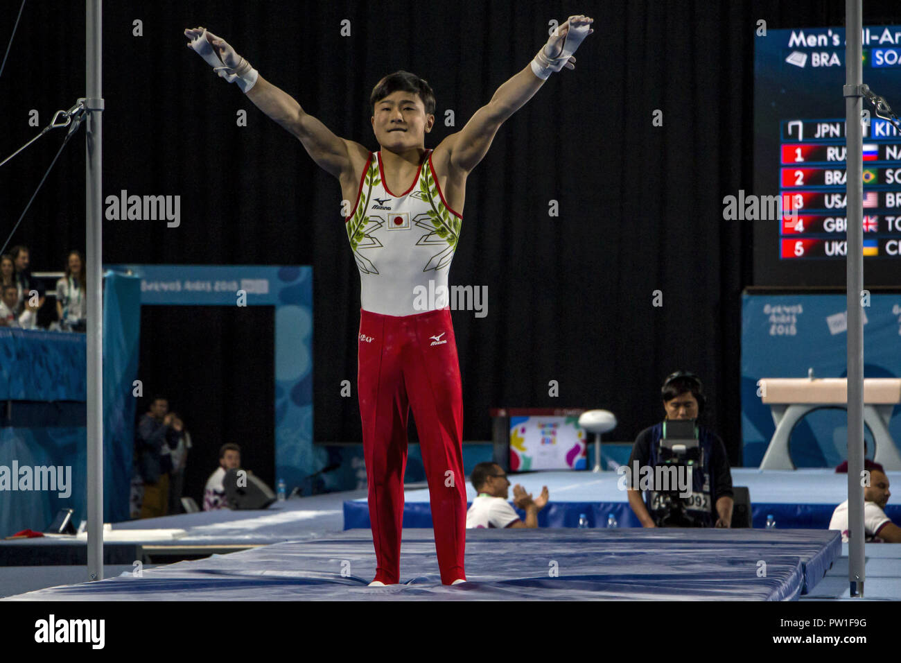 Buenos Aires, Federal Capital, Argentina. 11th Oct, 2018. The Japanese Kitazono Takeru was the winner of the Gold Medal in the Multiple Masculine Artistic Gymnastics Competition at the 2018 Buenos Aires Youth Olympic Games. Credit: Roberto Almeida Aveledo/ZUMA Wire/Alamy Live News Stock Photo