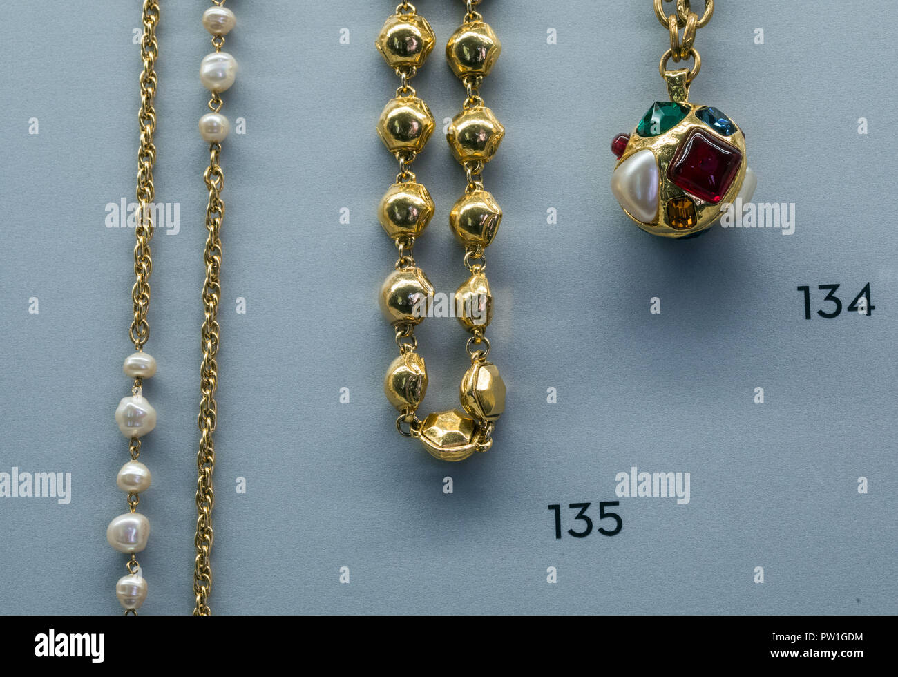 12 October 2018, Berlin: Chains and necklaces by Chanel On display in the  exhibition 