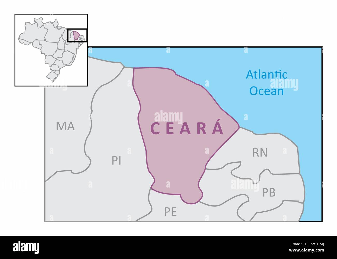 Map of the State of Ceara and its location in the Brazilian territory Stock Vector