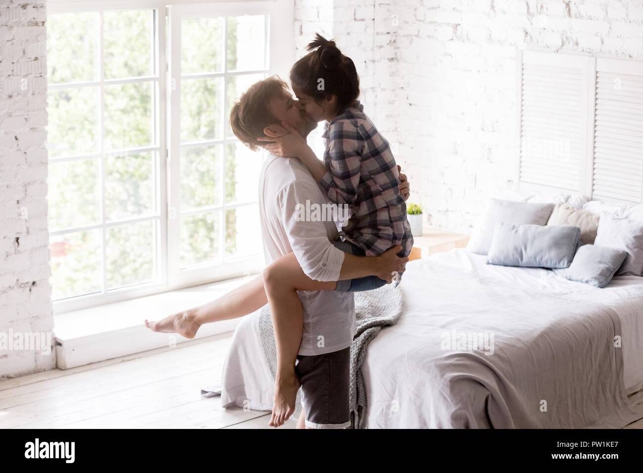 Couple Bedroom Love Romance Kiss Intimacy Bed Stock Photos