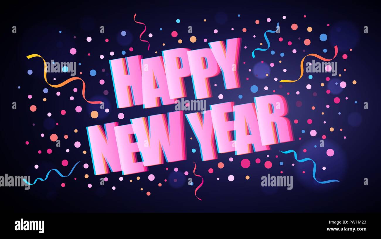 Happy New Year overlapping lettering with colorful round confetti over dark violet background for your graphic and web design Stock Vector