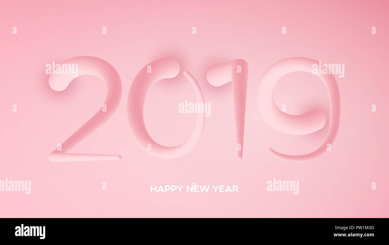 Happy New Year blended interlaced creative lettering. The Year of the Pig. Vector illustration of 2019 text made of abstract piggy tails Stock Vector