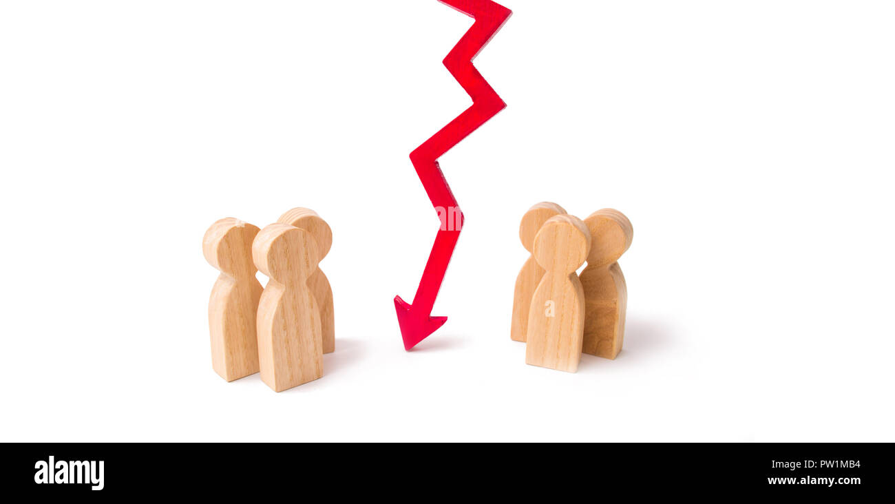 Termination and breakdown of relations, breaking ties. Contract break, conflict of interests. Negotiations of businessmen. A wooden red chart arrow do Stock Photo