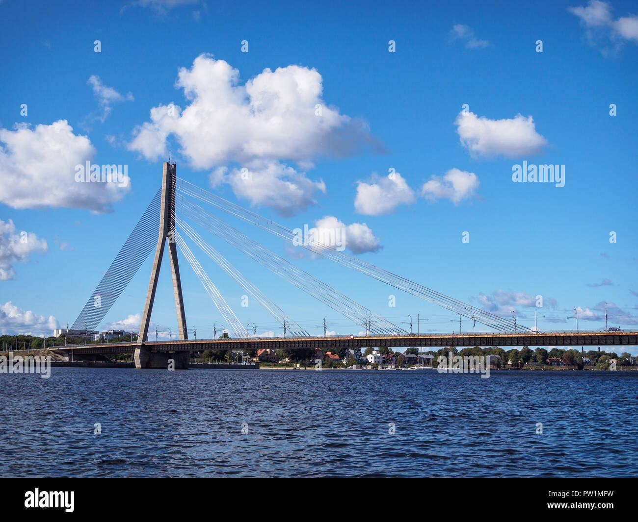 Cable-stayed bridge in Riga, Latvia over the Daugava River Stock Photo