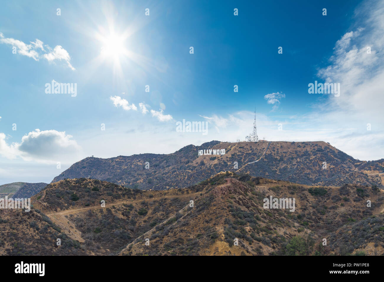 Los Angeles, CA, USA - October 28, 2016. World famous Hollywood sign under clouds Stock Photo