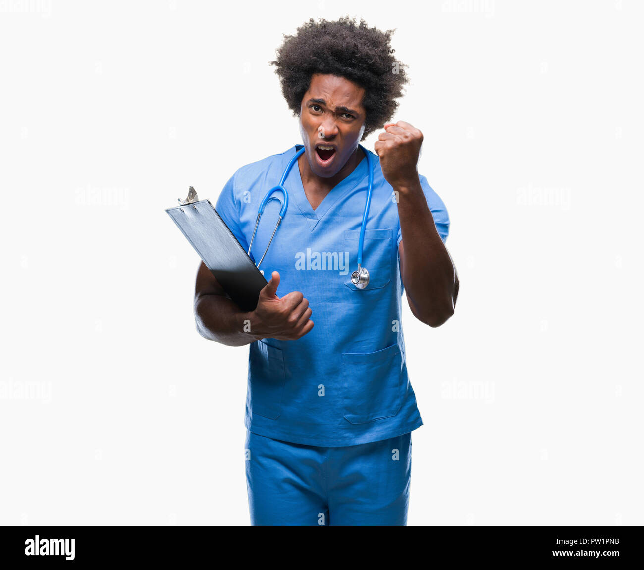Afro american surgeon doctor holding clipboard man over isolated background annoyed and frustrated shouting with anger, crazy and yelling with raised  Stock Photo