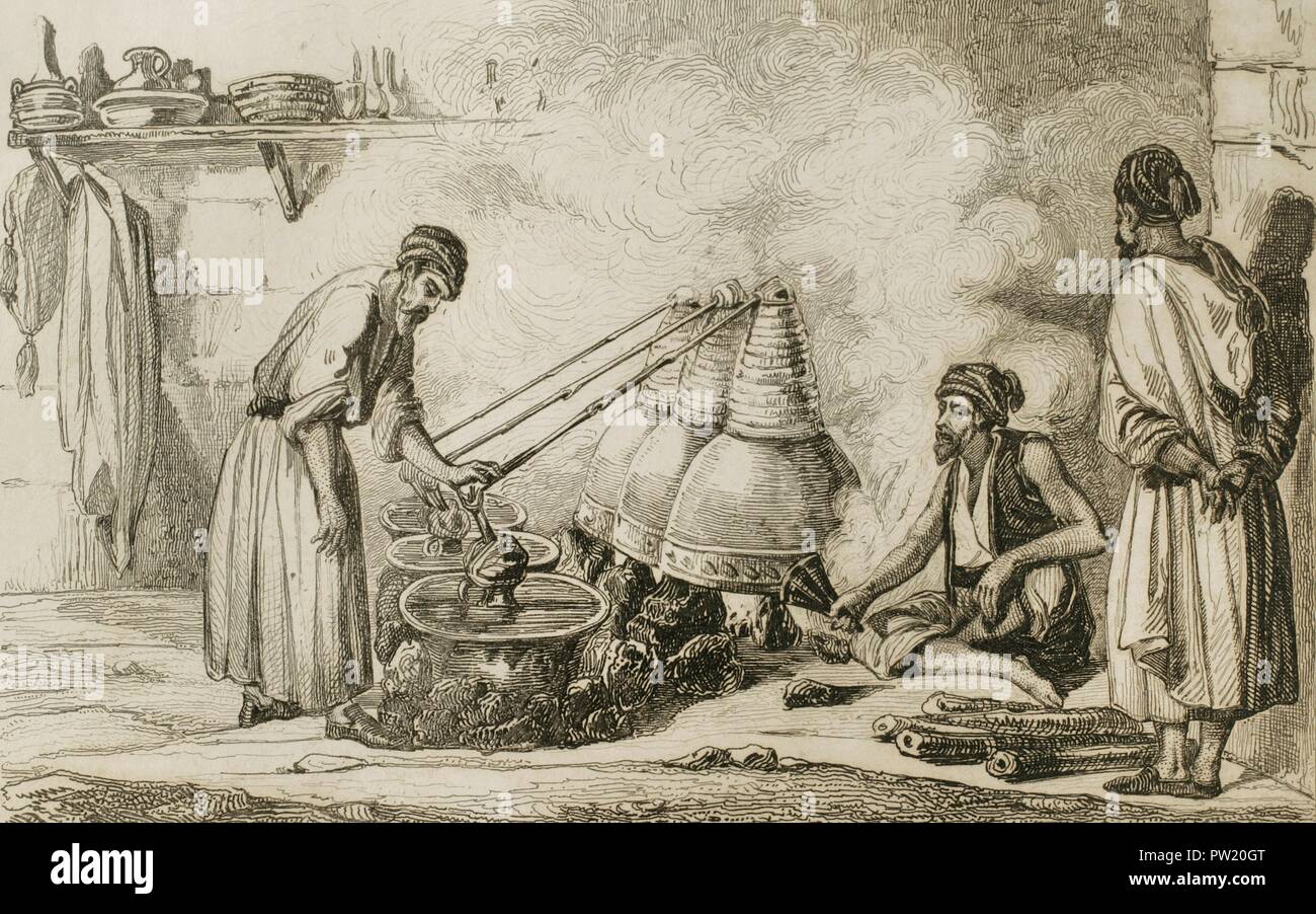 Historia de Arabia. Destilería. Grabado por Vernier. Panorama Universal ...