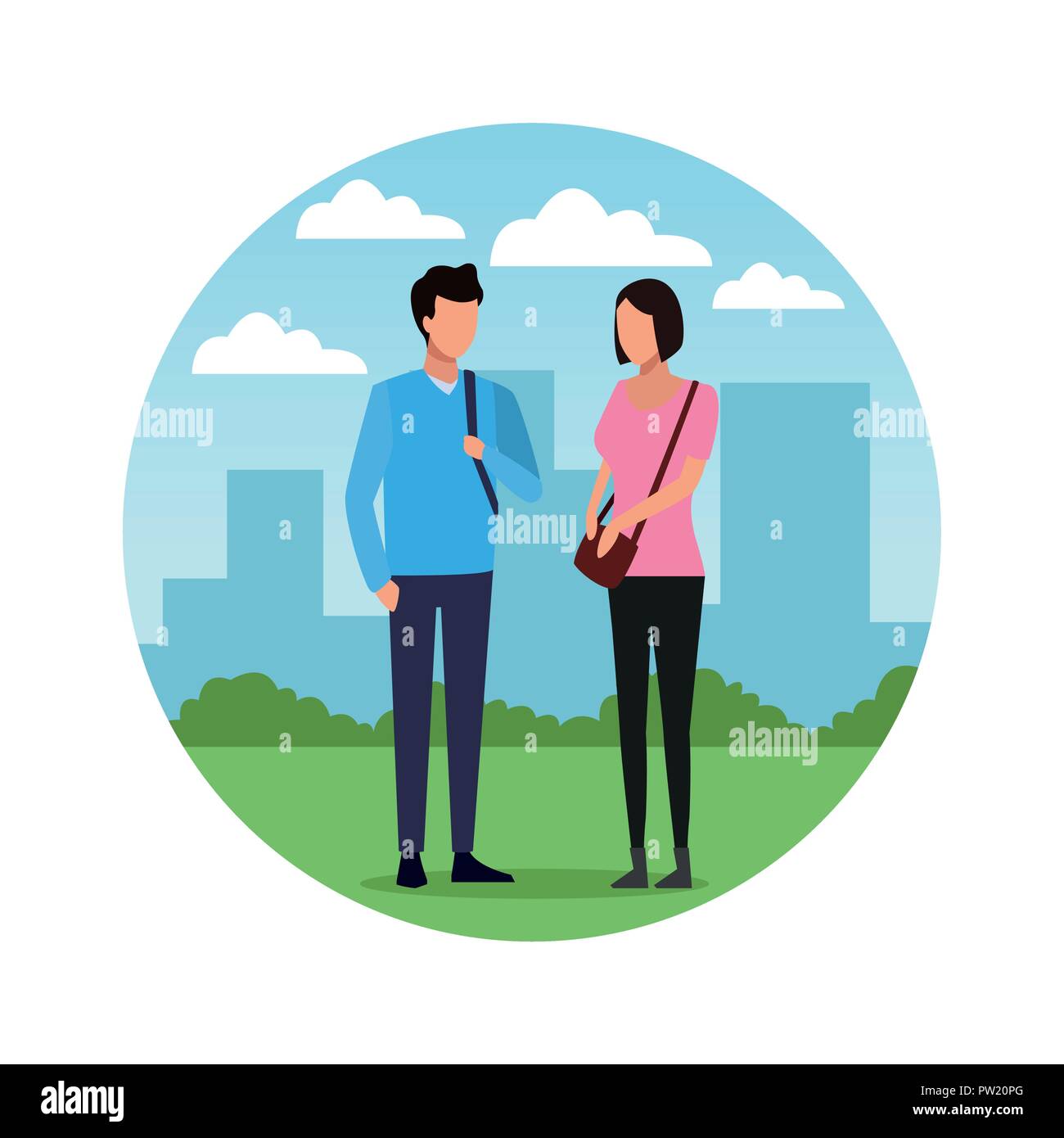 Young friends couple over cityscape cartoon round icon vector ...