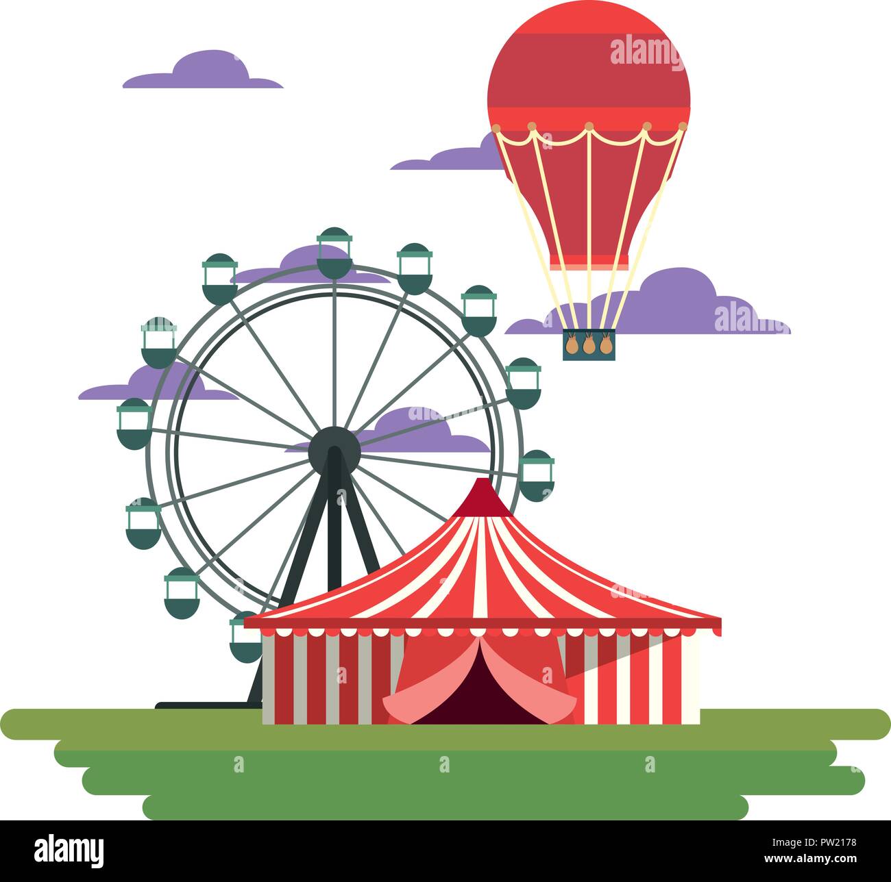 ferris wheel with circus tent and hot air balloon vector illustration ...