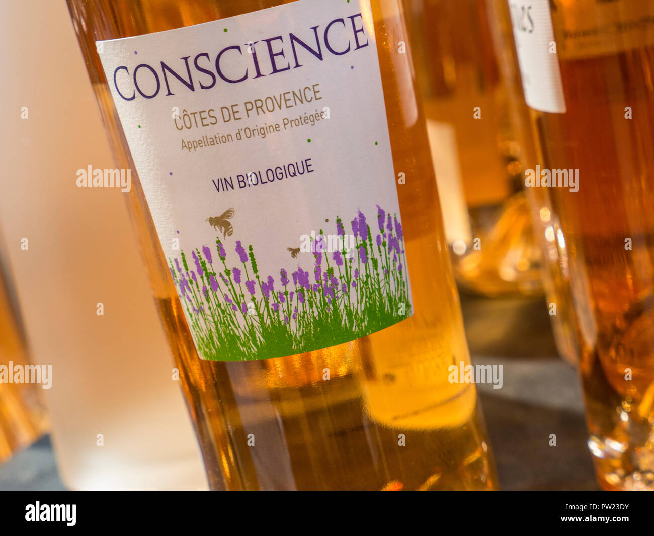 Cotes de Provence Biologique Wine Bottles ‘Conscience’. Produced organically in harmony with the terroir without chemical additives or crop spraying Stock Photo