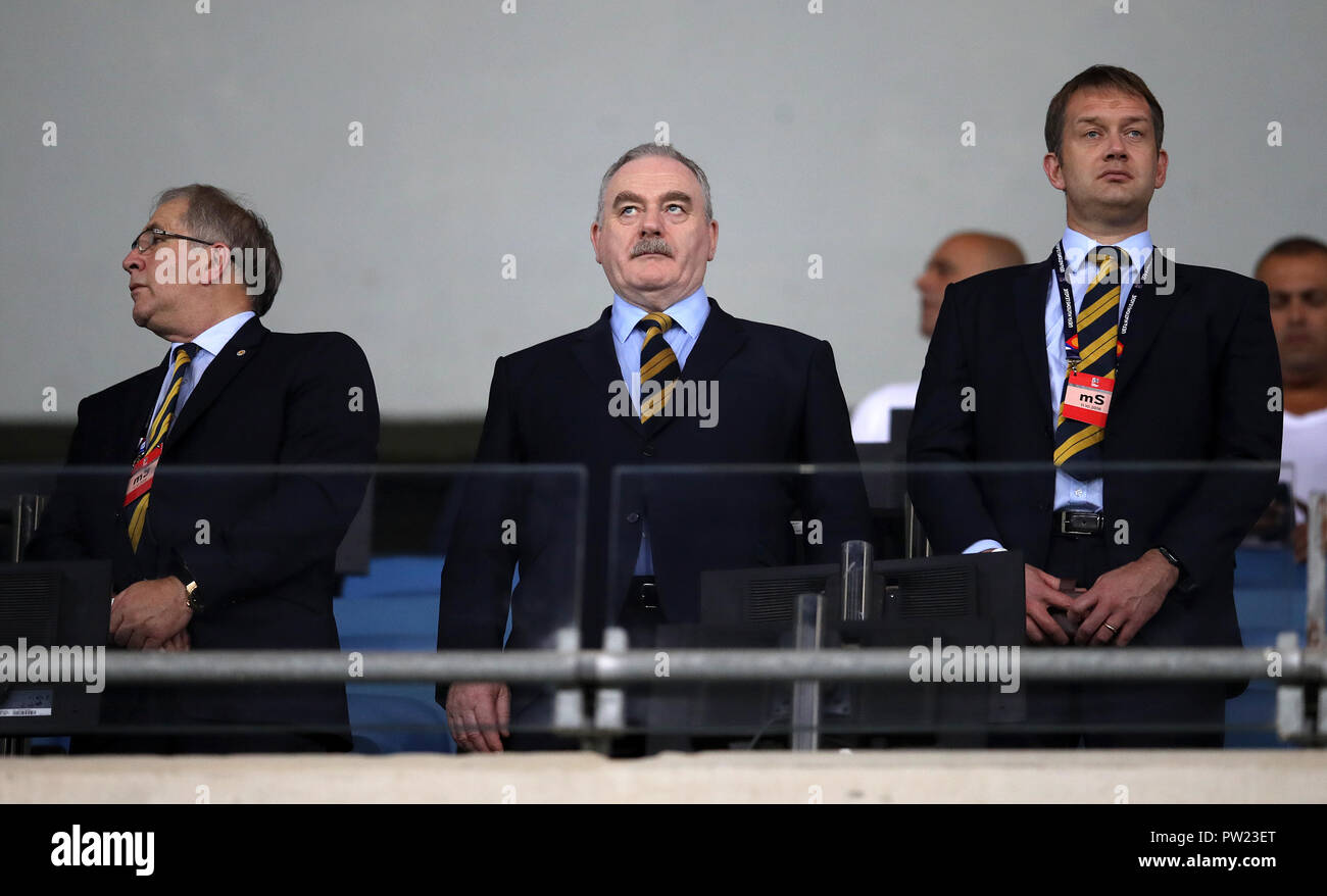 from left to right) President of the Scottish FA Alan McRae, board member  Rod Petrie and chief executive Ian Maxwell in the stands during the UEFA  Nations League Group C1 match at