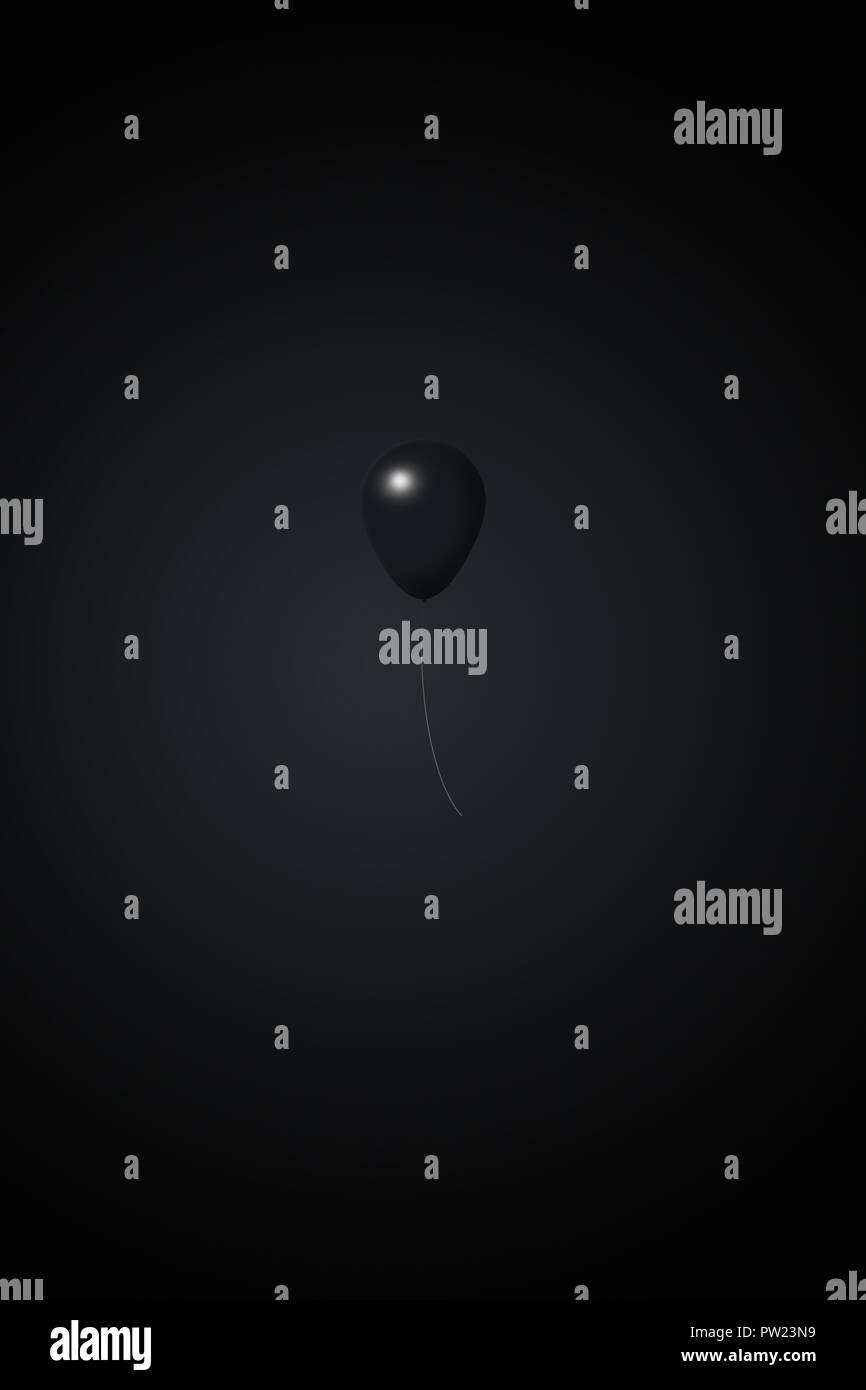A black Balloon with a string on a black background, Dramatic, Loneliness, Depression Stock Photo