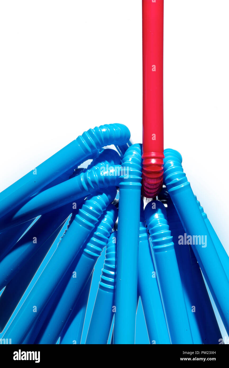 Concept A group of Blue Straws and a Single Red Straw, Been Different, Thinking Outside the Box Stock Photo