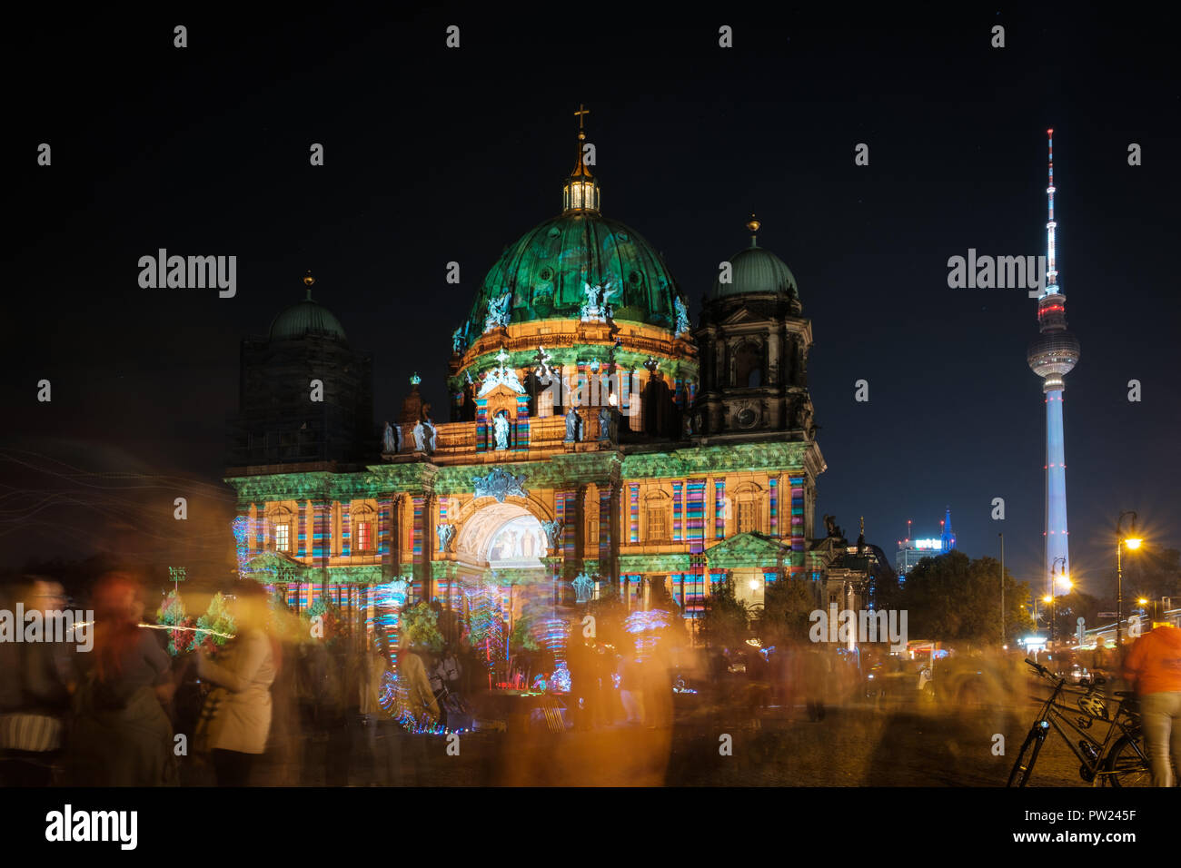 Berlin, Germany - october 2018: Illuminated landmark ( Berlin Cathedral / Berliner Dom) at night during Berlin leuchtet a.k.a. Festival of Lights Stock Photo