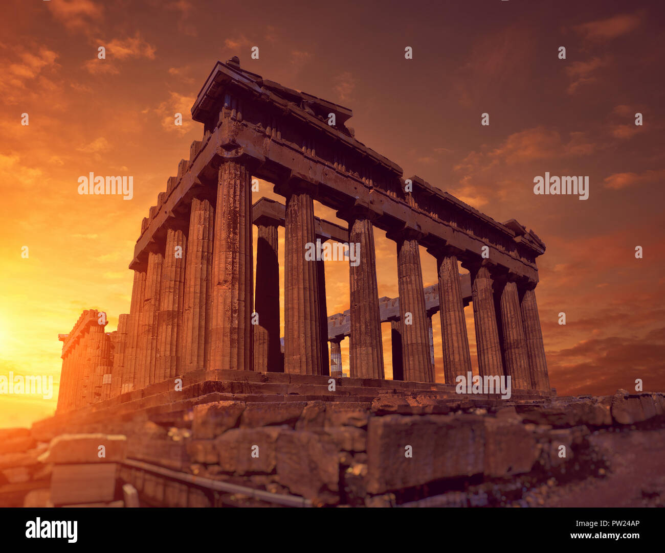 Parthenon temple on a sunset, toned panoramic image Acropolis in Athens, Greece Stock Photo