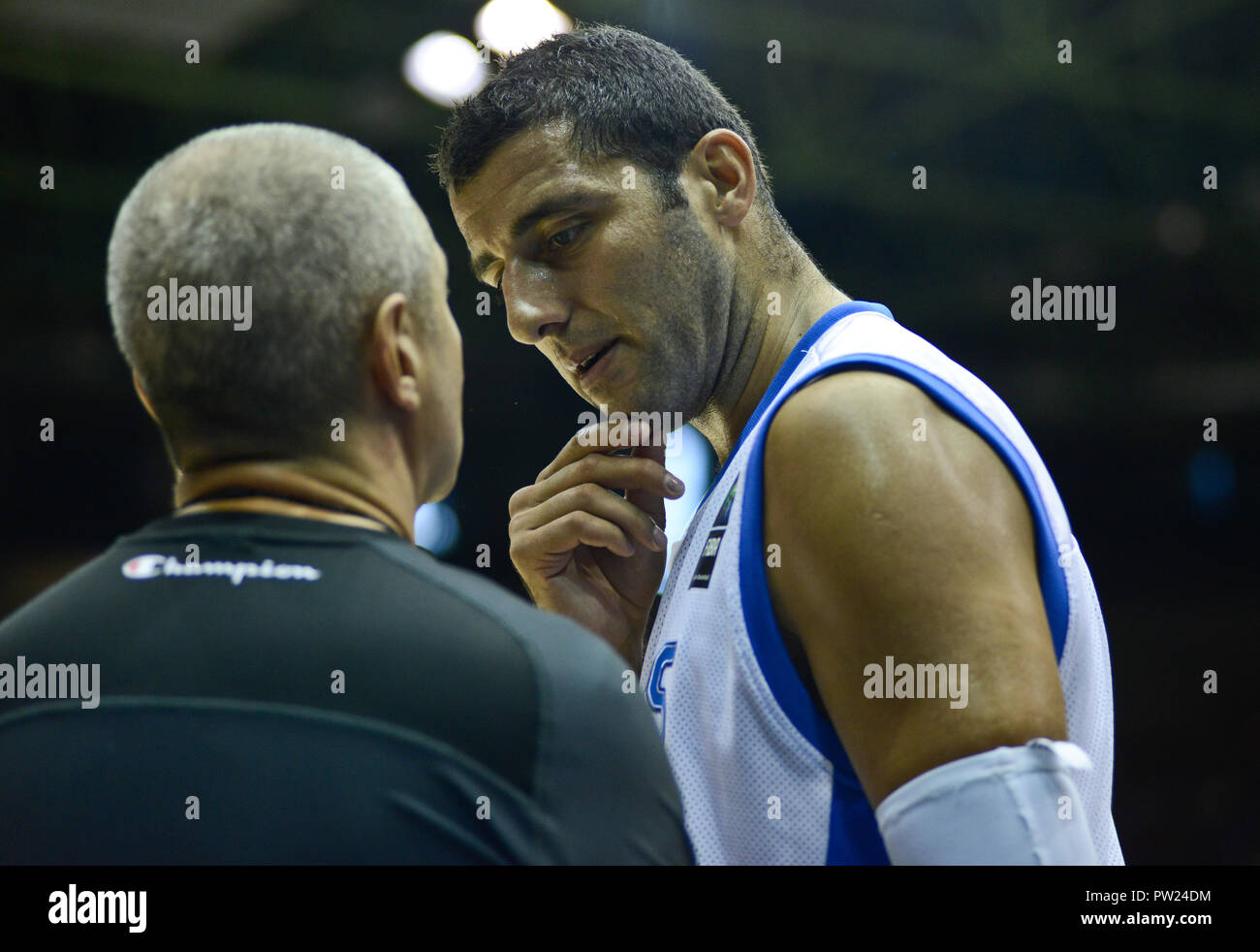 Ioannis Bourousis (Greece) arguing with a referee. FIBA Basketball World Cup Spain 2014 Stock Photo