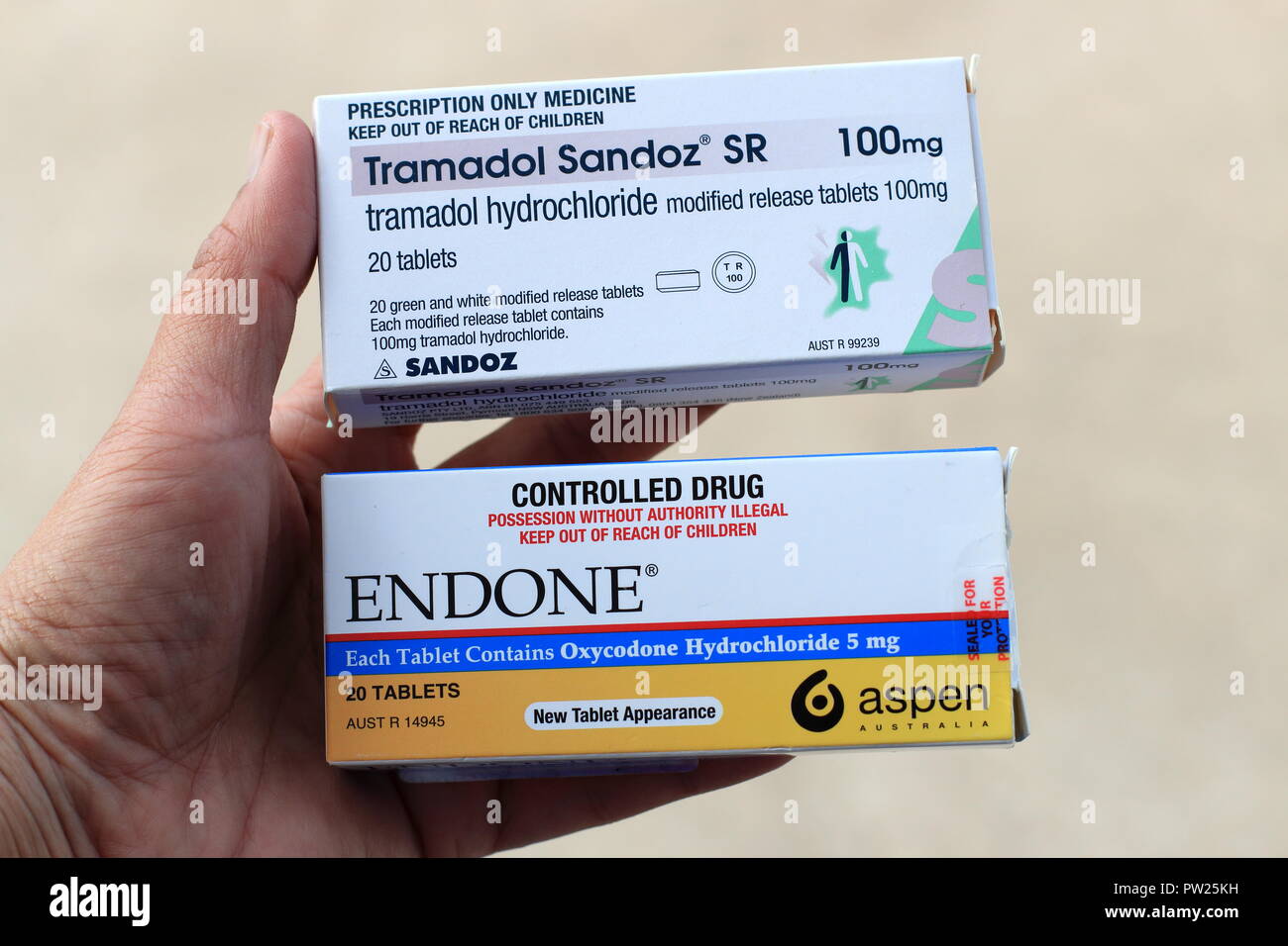NOT ACTUAL MEDICINE- Prescription painkiller Endone and Tramadol Sandoz - strong pain killer Stock Photo