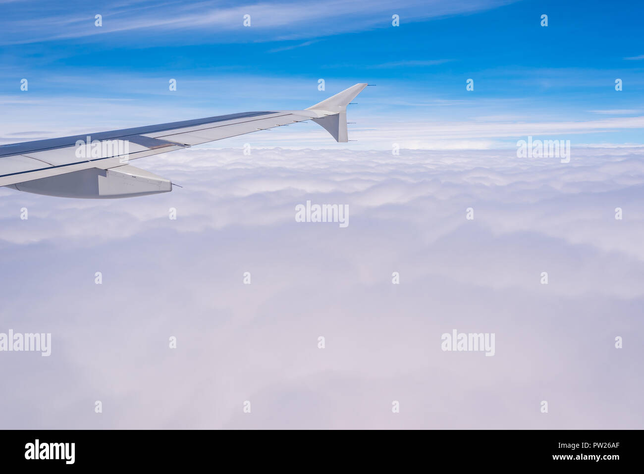 The airplane flew above the Altostratus cloud formation. Stock Photo