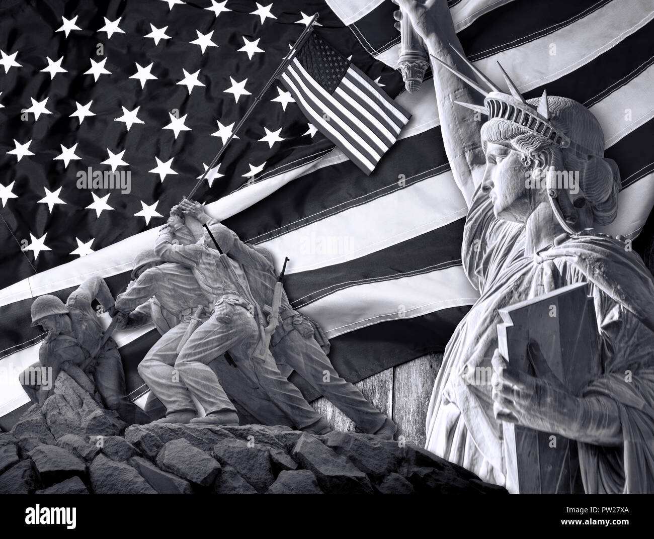 The American way with liberty for all in black and white. Stock Photo