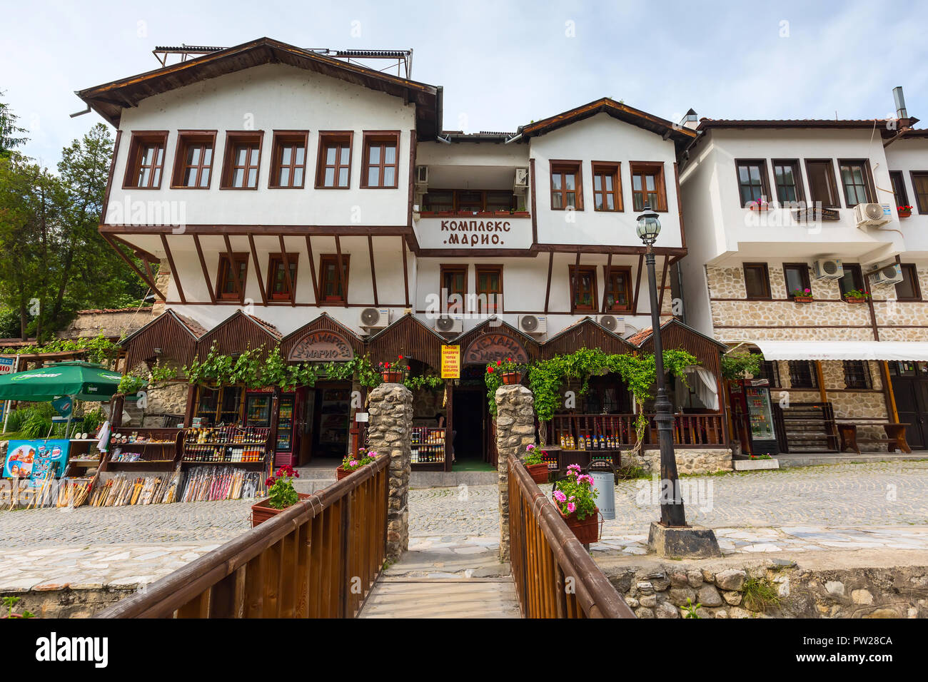 Melnik, Bulgaria - May 11, 2017: Street view with traditional bulgarian houses with terrace from the Revival period in Melnik town, Bulgaria Stock Photo