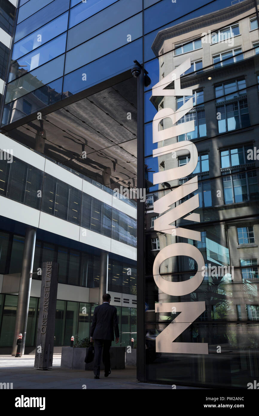 The exterior of the London corporate headquarters of Nomura at   on 10th October 2018, in London, England. The Japanese financial services company, Nomura Group's UK HQ is London's first carbon neutral building. Located on the north bank of the Thames on the corner of One Angel Lane and Upper Thames Street. Stock Photo