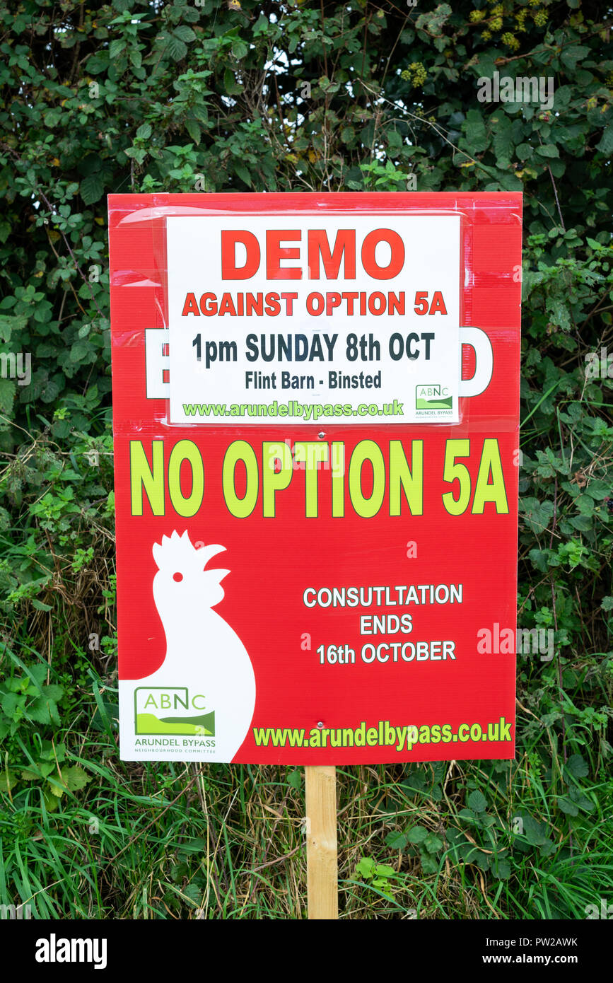 Road protest placards against a proposed new A27 bypass in Binsted Village, West Sussex, UK. Stock Photo