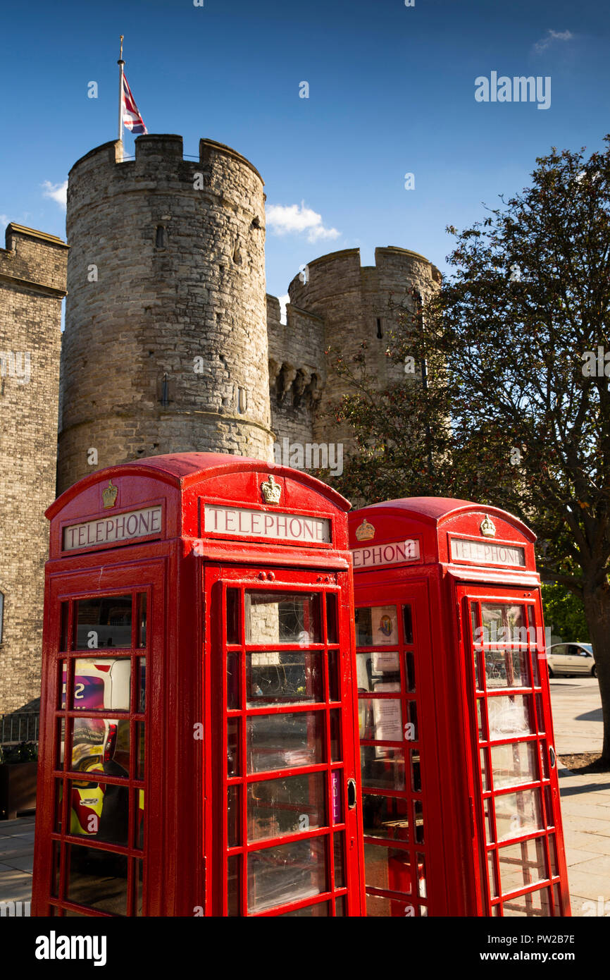 UK, Kent, Canterbury, North Lane, Westgate Towers, K6 red phone boxes Stock Photo